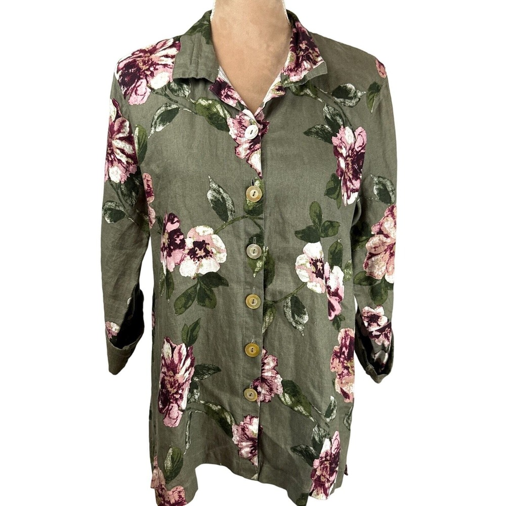 John Mark Womens Sz Med. Shirt Olive Green Floral Linen 3/4 Roll Tab Sleeve Fall